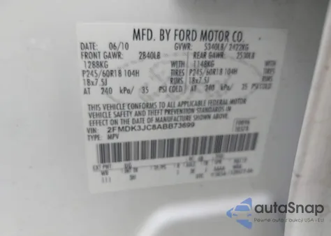 2010 Ford Edge Sel z USA, uszkodzony, nr VIN 2FMDK3JC8ABB73699